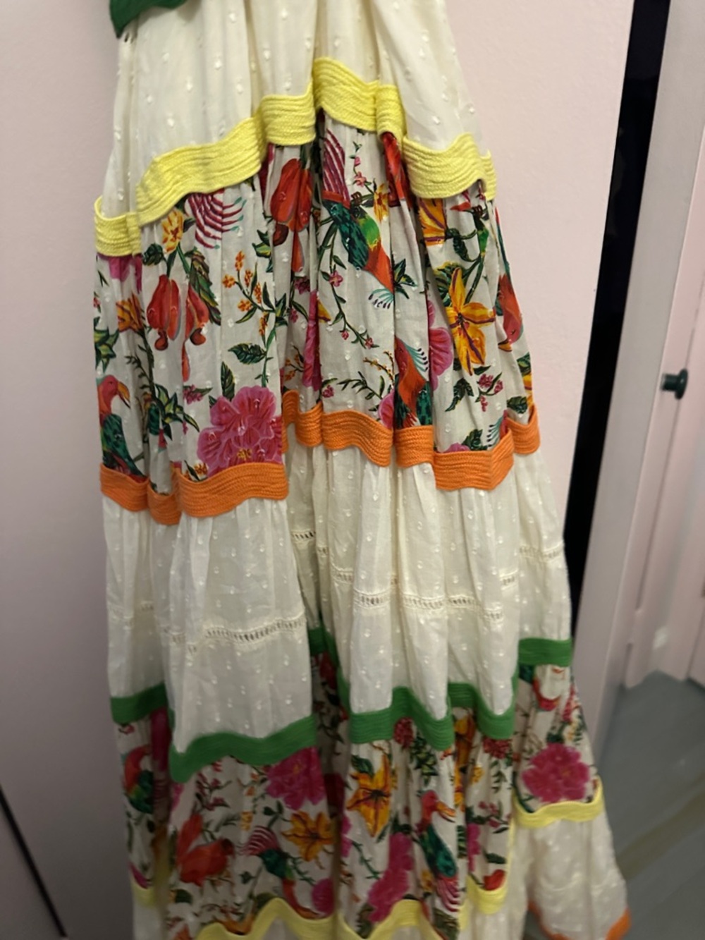 FARM Rio White Floral Tiered Maxi with Pink Trim and Green Tie - Picture 7 of 12
